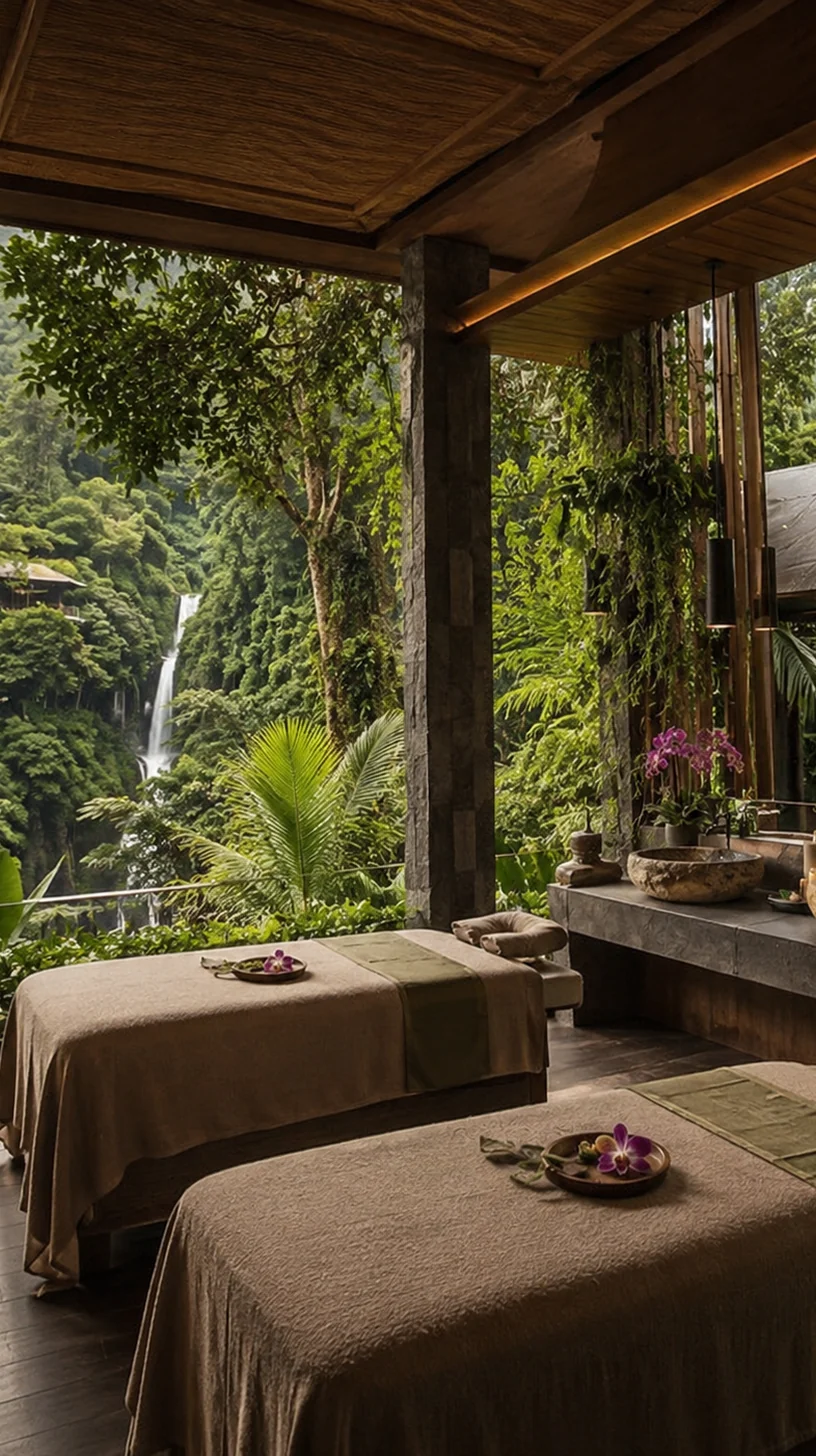 Waterfall and private villa deck in the Malaysian jungle