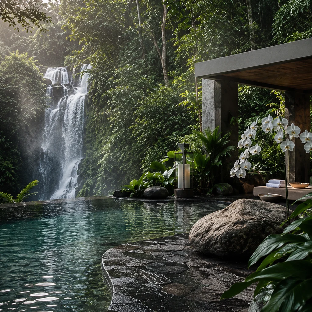 Waterfall spa pool surrounded by Malaysian jungle